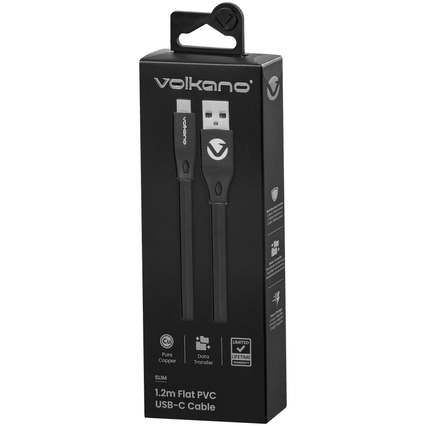 Volkano Slim Series Flat PVC Type-C Cable 1.2m - Black - Image 2