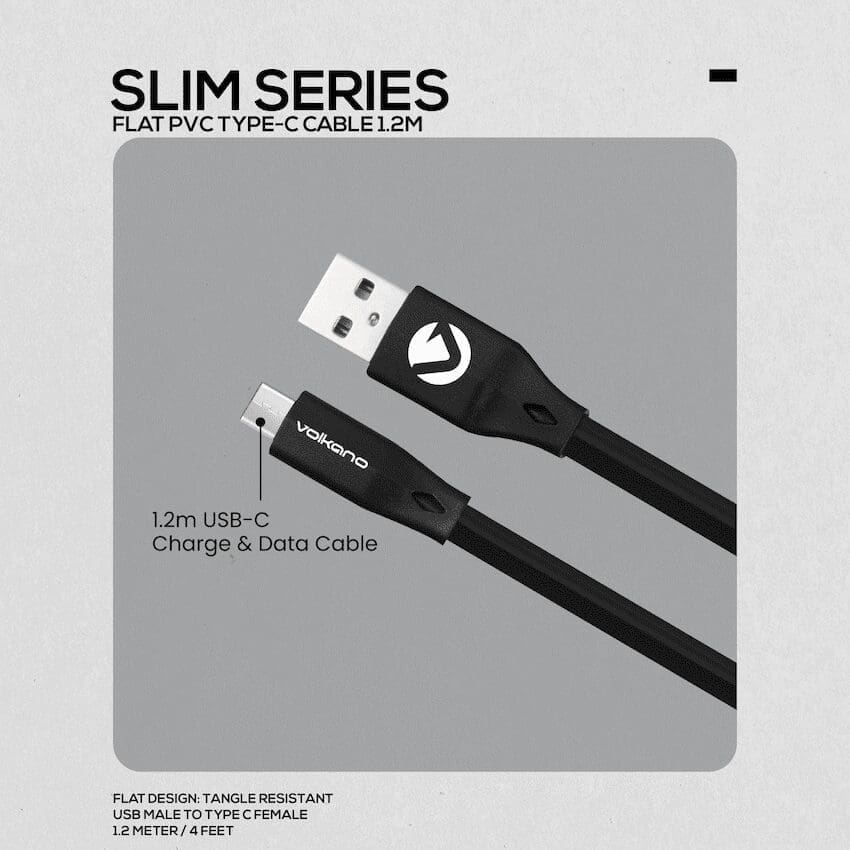 Volkano Slim Series Flat PVC Type-C Cable 1.2m - Black - Image 4