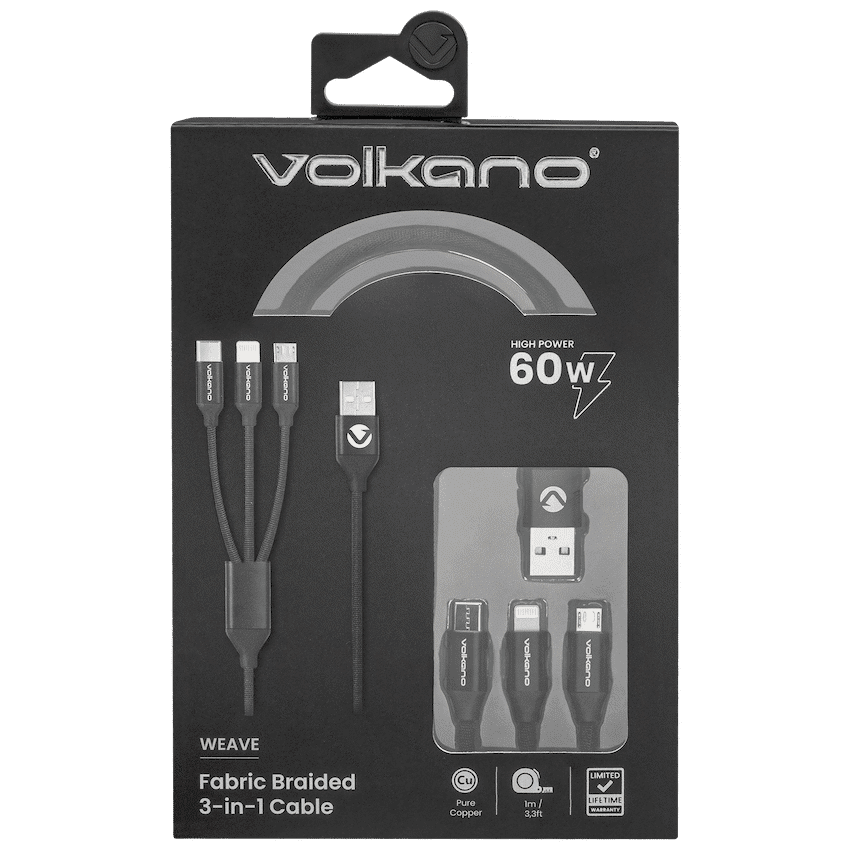 Volkano Weave Series Fabric Braided 3-in-1 (Type-C/Lightning/Micro) Cable 1m - Black - Image 3