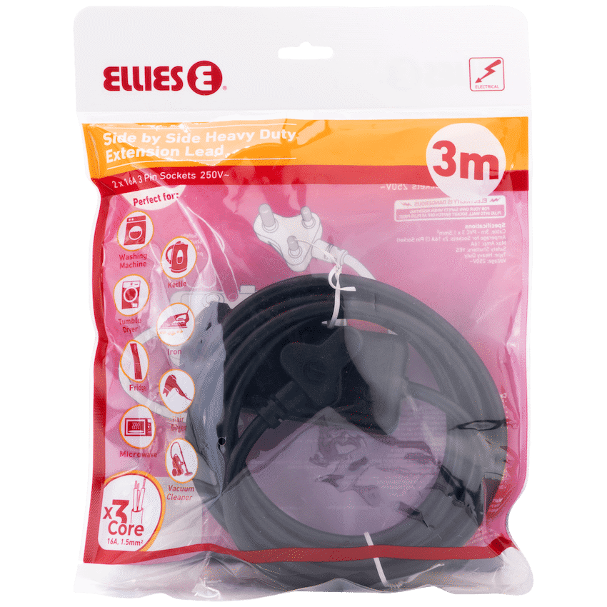 Ellies - Side-by-Side Heavy-Duty Extension Lead - 3m - Black - Image 4