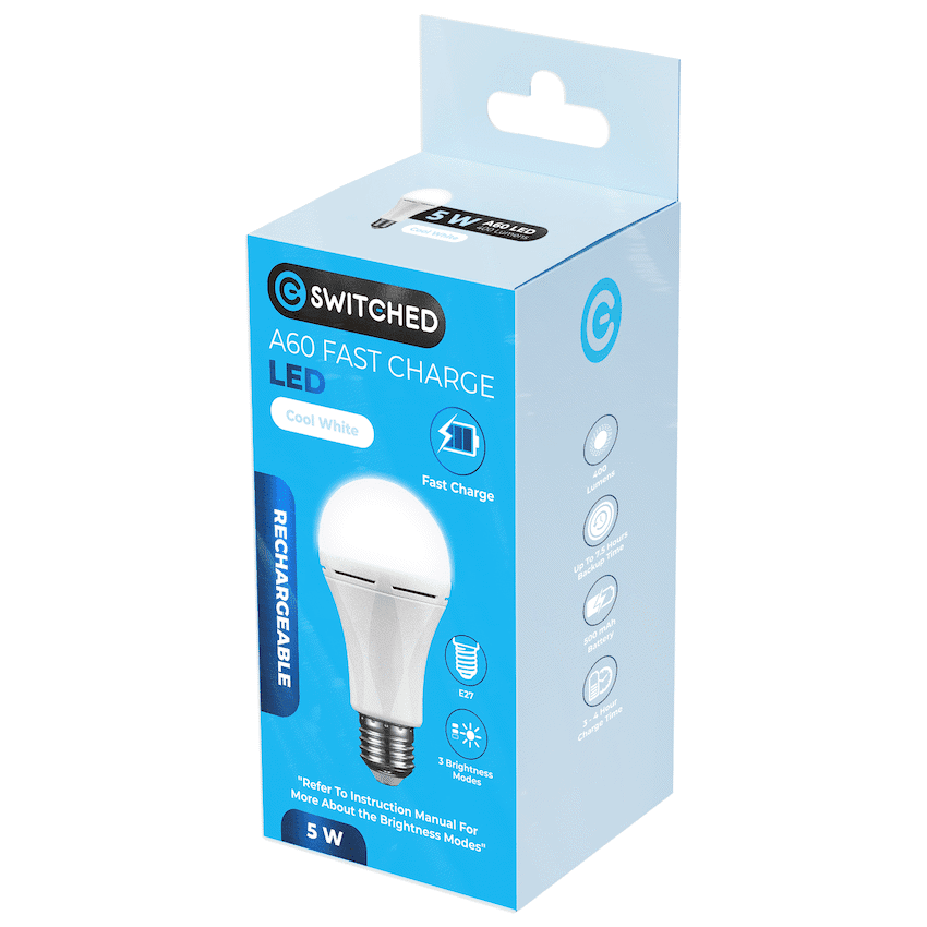 Switched 5w A60 Rechargeable Fast Charge E27 LED - CW - Image 4