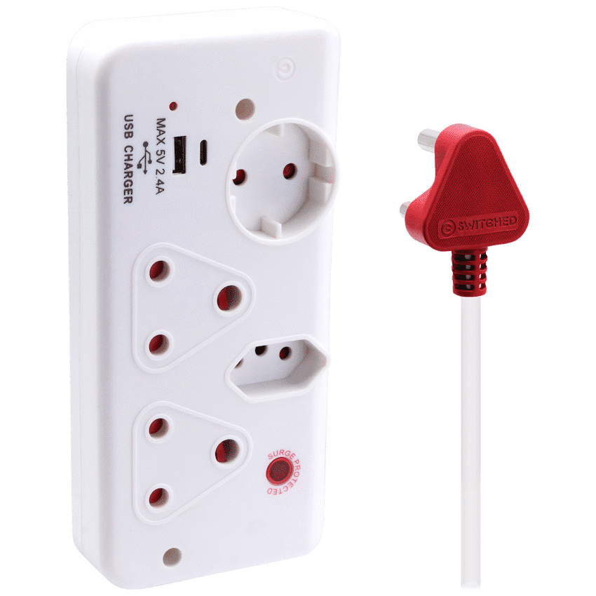 Switched 4-Way with 1x Type-C + 1x USB 2.4a Socket Medium Surge-Protected 0.5m