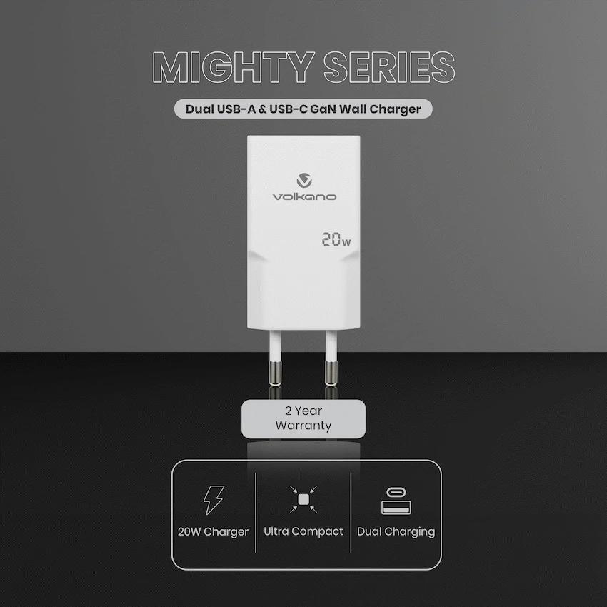 Volkano Mighty Series 20w Dual USB-A & USB-C GaN Wall Charger - Image 4