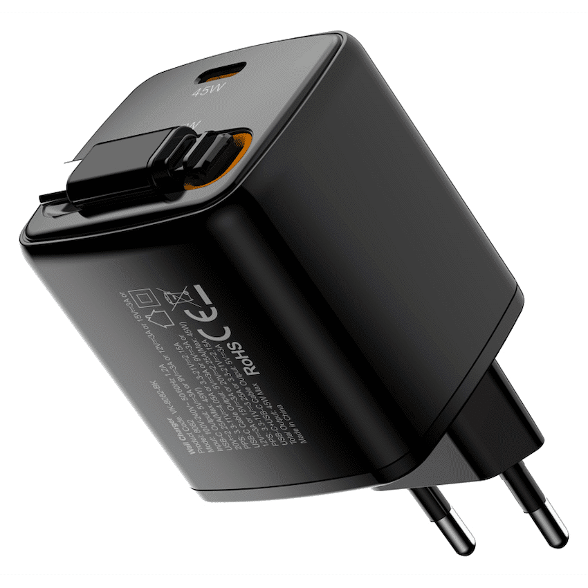Volkano Sleek Series Fast Wall Charger 45W USB-C with Built-in Retractable 75cm Cable - Black - Image 3