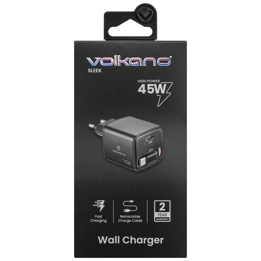 Volkano Sleek Series Fast Wall Charger 45W USB-C with Built-in Retractable 75cm Cable - Black - Image 4