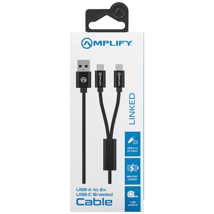 Amplify Linked Series USB to 2 x USB-C Braided Cable 60W 1.2m - Black - Image 3