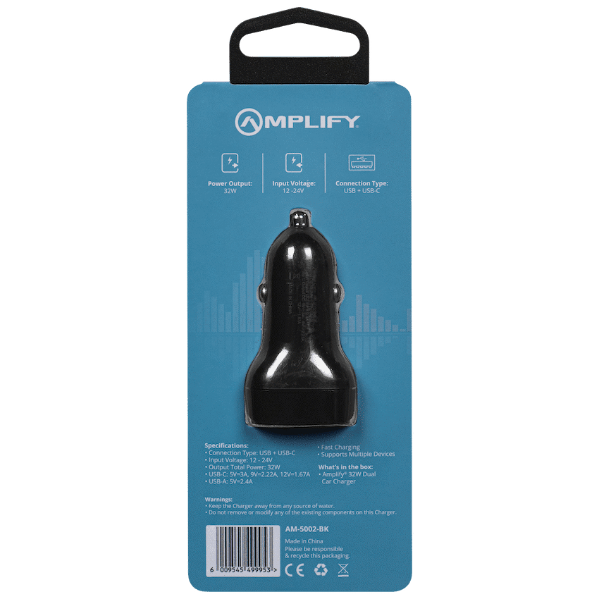 Amplify Volto Series Dual Car Charger 32W (Type-C + USB) - Black - Image 3