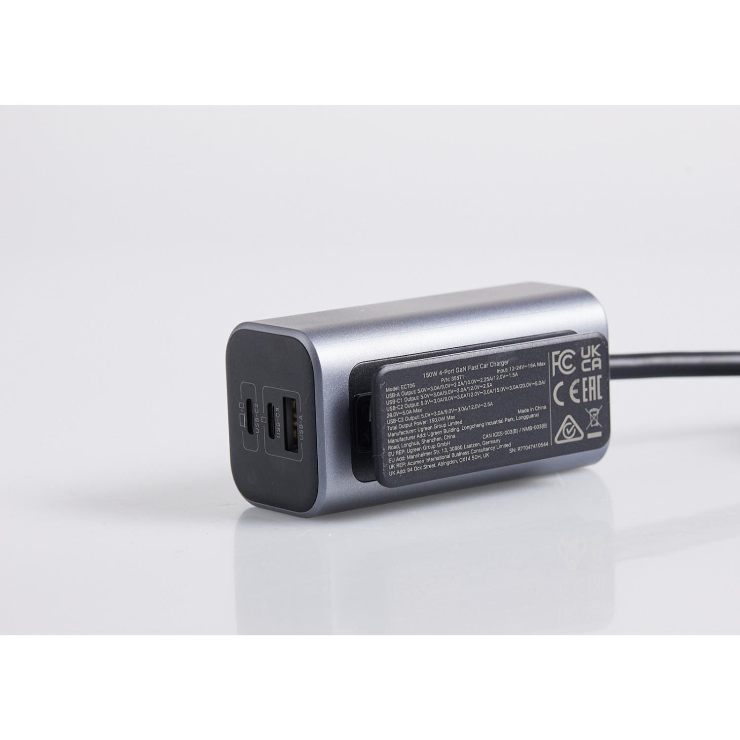 U GREEN - UGREEN GaN 4 Port Car Charger 150W - Grey & Black