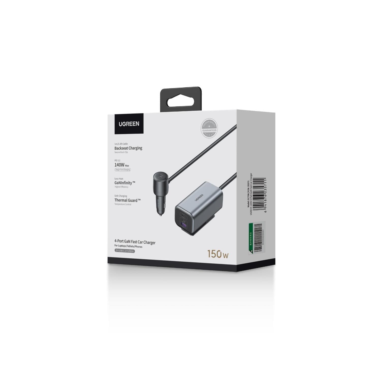 U GREEN - UGREEN GaN 4 Port Car Charger 150W - Grey & Black - Image 2
