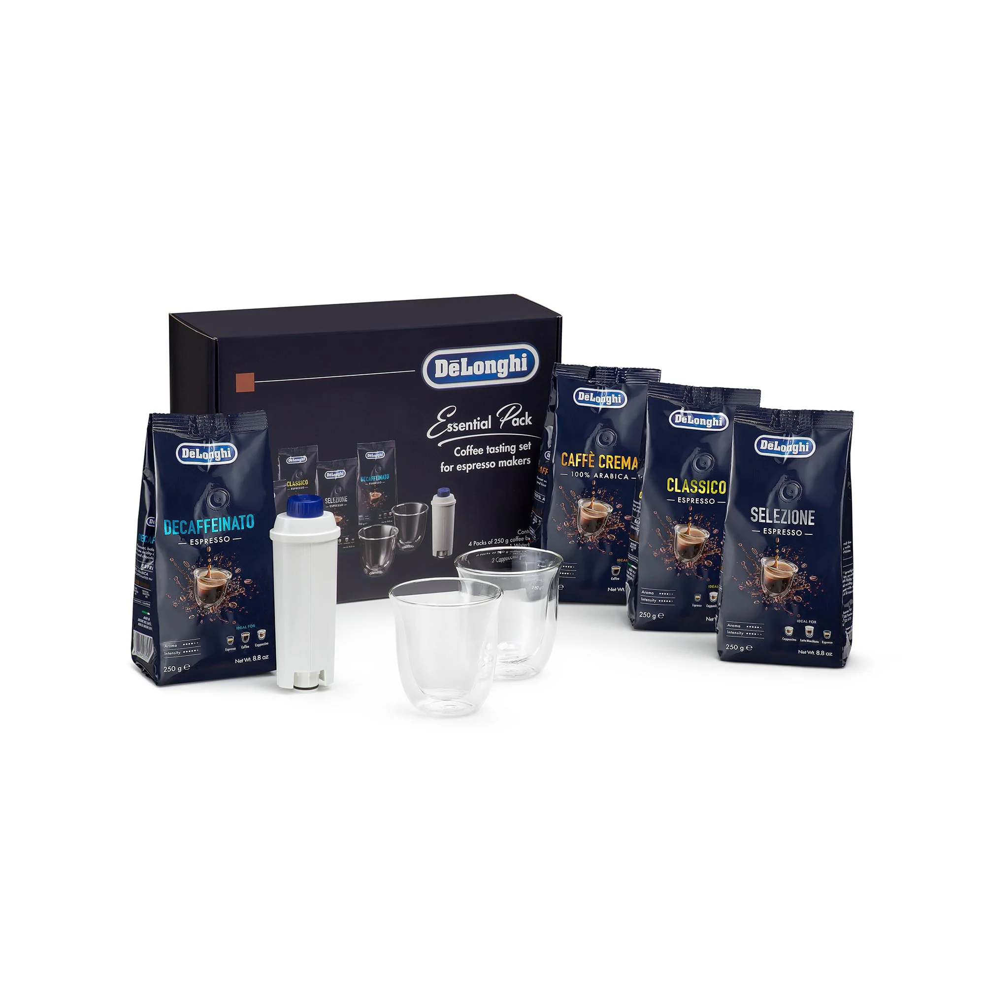 Delonghi DLSC317 The Essential Pack with 4 Bean Blends + 2 Cappuccino glasses + Water Filter