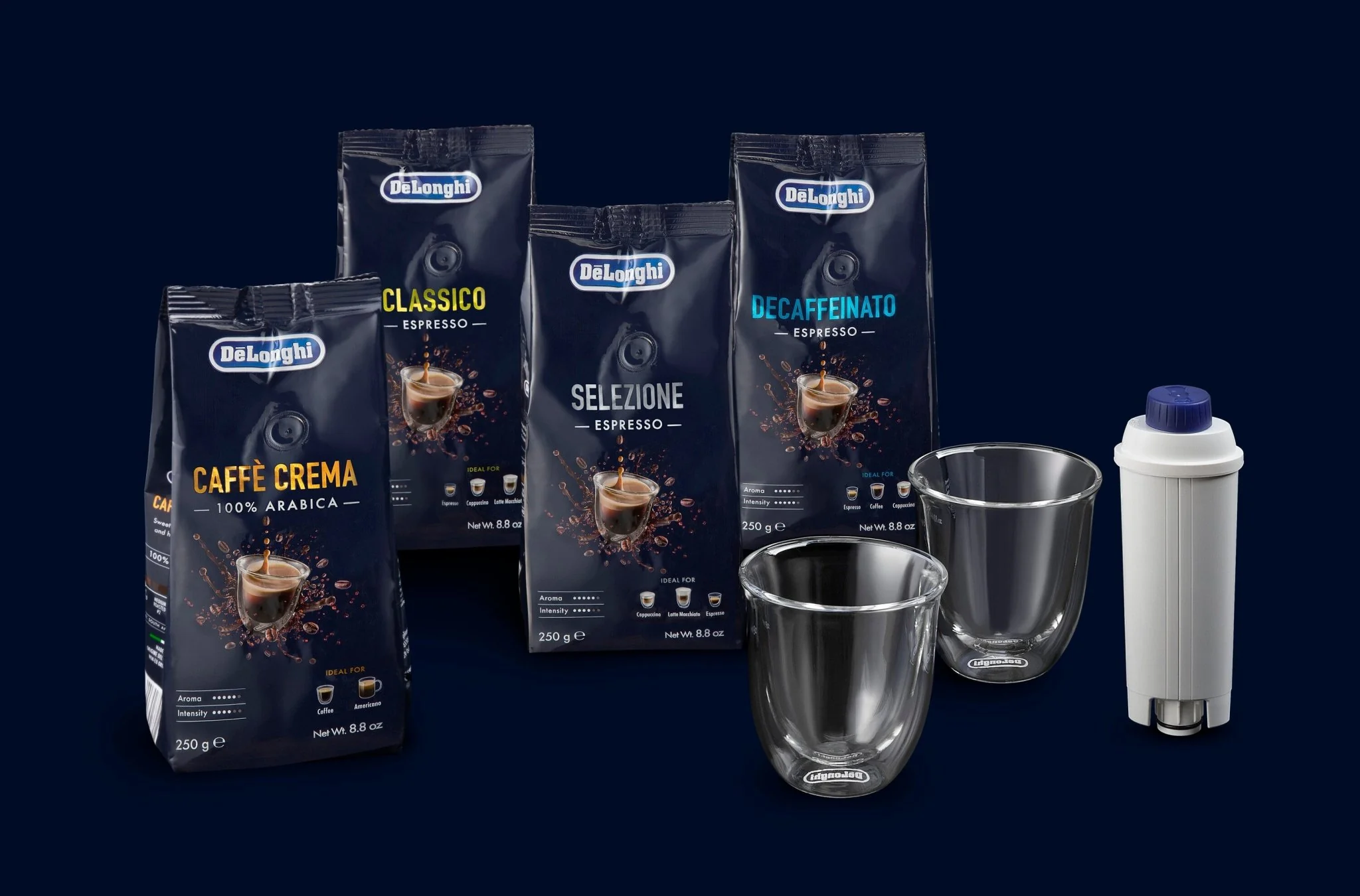 Delonghi DLSC317 The Essential Pack with 4 Bean Blends + 2 Cappuccino glasses + Water Filter - Image 3